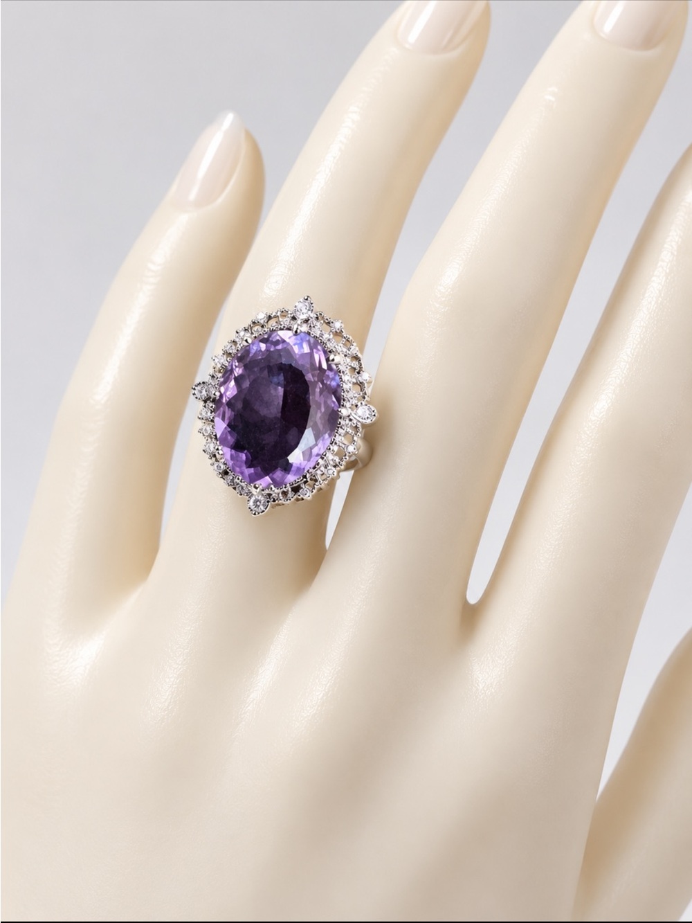 Sterling Silver Amethyst Halo Ring - Purple